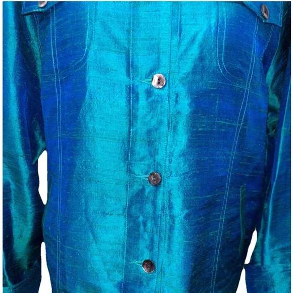 VTG ANU by Natural Silk Jacket XL Teal Blue Iridescent Shantung Top Art To Wear - Picture 6 of 11